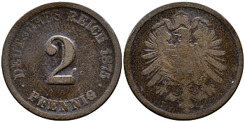 ГЕРМАНИЯ 2 ПФЕННИГА 1875 F, СТАРОГЕРБОВКА KM 2, J.2 медь 72-1414
