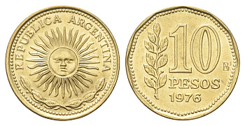 Аргентина 10 песо 1976 KM 72 алюминиевая бронза UNC 4662-727