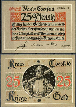 Германия, Косфельд 25 пфеннигов 1918 нотгельд, 6 цифр в номере Tieste 1185.05.01 бумага UNC (пресс) 444-75-2-2