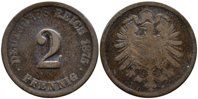 ГЕРМАНИЯ 2 ПФЕННИГА 1875 F, СТАРОГЕРБОВКА KM 2, J.2 медь 72-1414