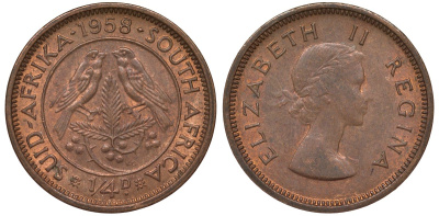 Южная Африка 1/4 пенни (фартинг) 1958 Елизавета II KM 44 бронза 4164-447