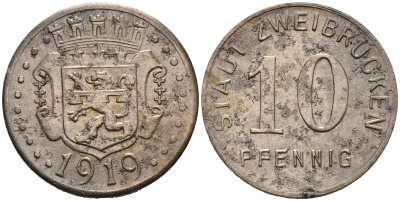 ЦВАЙБРЮККЕН 10 ПФЕННИГОВ 1919 НОТГЕЛЬД, ЗХЕМЛЯ РЕЙЛЯНД-ПФАЛЬЦ железо 75-1266