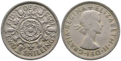 Великобритания 2 шиллинга (флорин) 1955 Елизавета II (1952-2022) KM 906, Spink 4146 медно-никель 59-1526