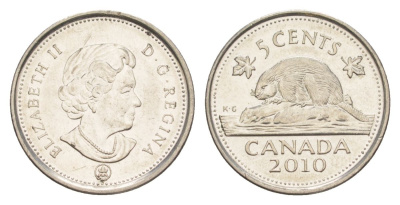 Канада 5 центов 2010 Leaf, Елизавета II (1952-2022), бобр KM 491 сталь плакированная никелем UNC 4630-766