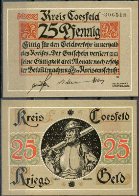 Германия, Косфельд 25 пфеннигов 1918 нотгельд, 6 цифр в номере Tieste 1185.05.01 бумага UNC (пресс) 444-75-2-2
