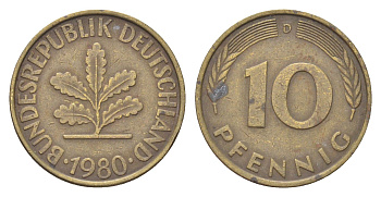 ФРГ 10 пфеннигов 1980 D KM 108, J. 383 сталь плакированная латунью 4705-467