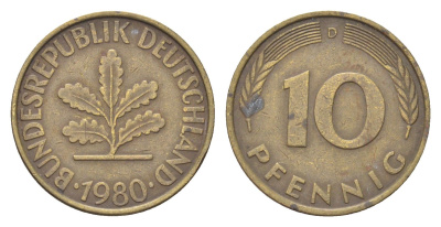 ФРГ 10 пфеннигов 1980 D KM 108, J. 383 сталь плакированная латунью 4705-467