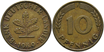 ФРГ 10 ПФЕННИГОВ 1949 J KM 103, J.378 сталь плакированная латунью 33-112