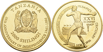 Танзания 2000 шиллингов 1996 XXVI Олимпийские игры 1996 года в Атланте, 100 лет Олимпийскому движению, дискобол, пробник, гладкий гурт латунь PROOF 06-156-13