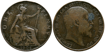 Великобритания 1 пенни 1906 Эдуард VII (1901-1910) KM 794.2, Spink 3990 бронза 37-1033