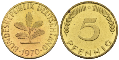 ФРГ 5 пфеннигов 1970 G KM 107, J. 382 сталь плакированная латунью PROOF 1094-7-33