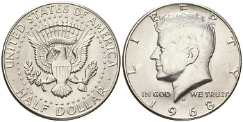 США 1/2 доллара (50 центов) 1968 D, Джон Кеннеди KM 202a серебро  UNC  4178-1012