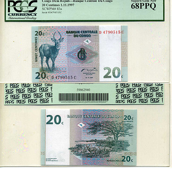ДР Конго 20 сантимов 1997 в слабе PCGS 68 Superb Gem New Pick 83a бумага UNC (пресс) 452-1-118