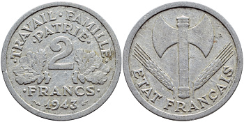 Франция 2 франка 1943 правительство Виши KM 904.1 алюминий 4397-724