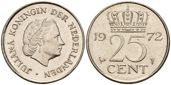 Нидерланды 25 центов 1972 Юлиана (1948-1980) KM 183 никель    4598-466