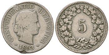 Швейцария 5 раппенов 1893 B KM 26 медно-никель 39-128