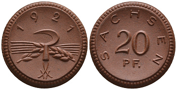 Саксония 20 пфеннигов 1921 колосья и серп J. N 53 фарфор UNC 1094-9-24