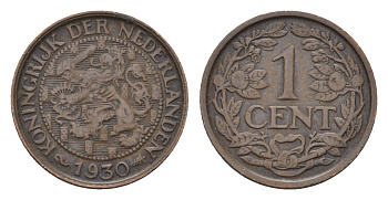 Нидерланды 1 цент 1930 Вильгельмина (1890-1948) KM 152 бронза 4674-1156