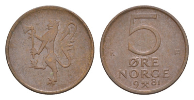 Норвегия 5 эре 1981 Улаф V (1957-1991) KM 415 бронза 4632-1267
