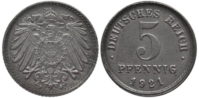 Германия 5 пфеннигов 1921 J KM 19, J. 297, Weege 5 железо 4547-633