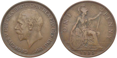 Великобритания 1 пенни 1935 Георг V (1910-1936) КМ 838, Spink 4055 бронза 115-313