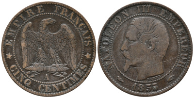 ФРАНЦИЯ 5 САНТИМОВ 1855 А, НАПОЛЕОН III (1852-1870) KM 777.1, LA FRANC 116.16 бронза 34-1215