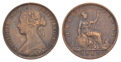 Великобритания 1/2 пенни 1867 Виктория (1837-1901) KM 748, Spink 3956 бронза 1520-821
