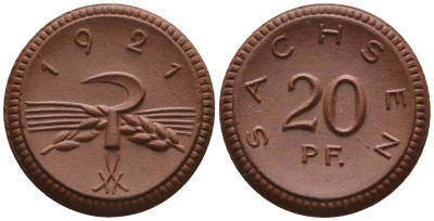 Саксония 20 пфеннигов 1921 колосья и серп J. N 53 фарфор UNC 1094-9-24