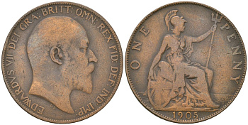 Великобритания 1 пенни 1905 Эдуард VII (1901-1910) KM 794.2, Spink 3990 бронза    4590-1113