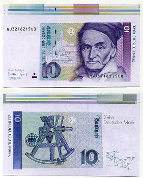 ФРГ 10 марок 1999 брак, 1 сентября 1999, Гаусс Pick 38 d, Розенберг 312 а бумага UNC (пресс) 450-36-2-1