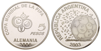 Аргентина 5 песо 2003 ФИФА - XVIII Чемпионат мира по футболу в Германии 2006 KM 143 серебро PROOF 11-080-24