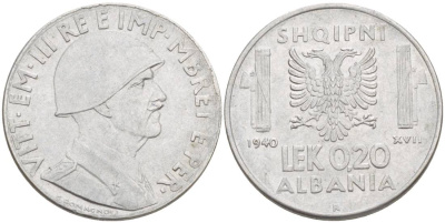 Албания 0,20 лека 1940 R, Итальянская оккупация KM 29 нержавеющая сталь 4538-126