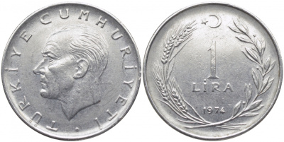 Турция 1 лира 1974 Мустафа Кемаль Ататюрк KM 889а.2 нержавеющая сталь 3856-847