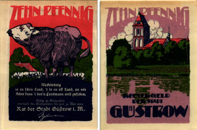 ГЮСТРОВ 10 ПФЕННИГОВ 1922 НОТГЕЛЬД, 31 МАЯ 1922, ЗЕМЛЯ МЕКЛЕНБУРГ ПЕРЕДНЯЯ ПОМЕРАНИЯ Grabowski 495.1 бумага 7547-98-1-3