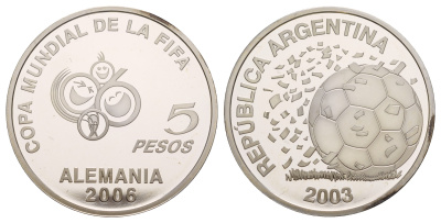 Аргентина 5 песо 2003 ФИФА - XVIII Чемпионат мира по футболу в Германии 2006 KM 143 серебро PROOF 11-080-24