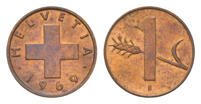 Швейцария 1 раппен 1969 B KM 46 бронза aUNC 4628-932