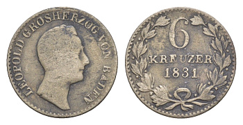 Баден 6 крейцеров 1831 Леопольд (1830-1852) KM 198 серебро 1518-324