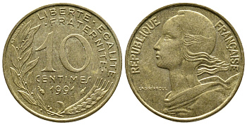 ФРАНЦИЯ 10 САНТИМОВ 1991 ТИП MARIANNE KM 929, LE FRANC 144.31 медь алюминий никель 93-1334