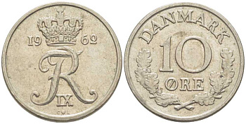 ДАНИЯ 10 ЭРЕ 1962 C; S, ФРЕДЕРИК IX (1947-1972) KM 849.1 медно-никель 214-538