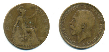 Великобритания 1 пенни 1912 Георг V (1910-1936) KM 810, Spink 4051 бронза 47-1221