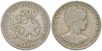 Бразилия 200 реалов 1901 MCMI, голова свободы вправо KM 504 медно-никель 4612-211