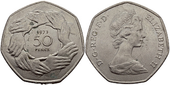 Великобритания 50 пенсов 1973 Елизавета II (1952-2022), вступление в Европейское экономическое сообщество KM 918, Spink 4224 медно-никель 72-111