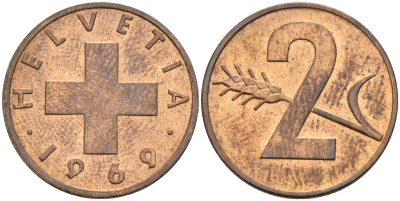 Швейцария 2 раппена 1969 KM 47 бронза 4592-552