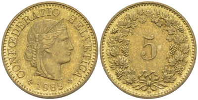 ШВЕЙЦАРИЯ 5 РАППЕНОВ 1989 В KM 26c алюминий латунь 4532-862