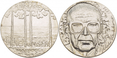 Финляндия 10 марок 1975 S-H, 75 лет президенту Урхо Кекконену KM 54 серебро UNC 1515-1624