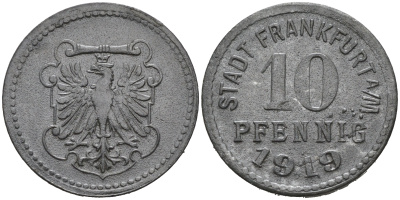 ФРАНКФУРТ-НА-МАЙНЕ 10 ПФЕННИГОВ 1919 НОТГЕЛЬД цинк 75-1416