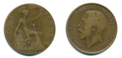 Великобритания 1 пенни 1912 Георг V (1910-1936) KM 810, Spink 4051 бронза 47-1221