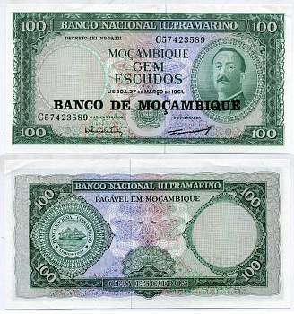 Мозамбик 100 эскудо 1961 (1976) надпечатка на 1961, Айрес де Орнелас  Pick 117 a бумага UNC (пресс) 7146-22-2-1