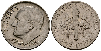 США 10 центов (дайм) 1969 Рузвельт, D KM 195a медь плакированная медно-никелем 4164-948