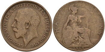 Великобритания 1/2 пенни 1919 Георг V (1910-1936) KM 809, Spink 4056 бронза 4143-654